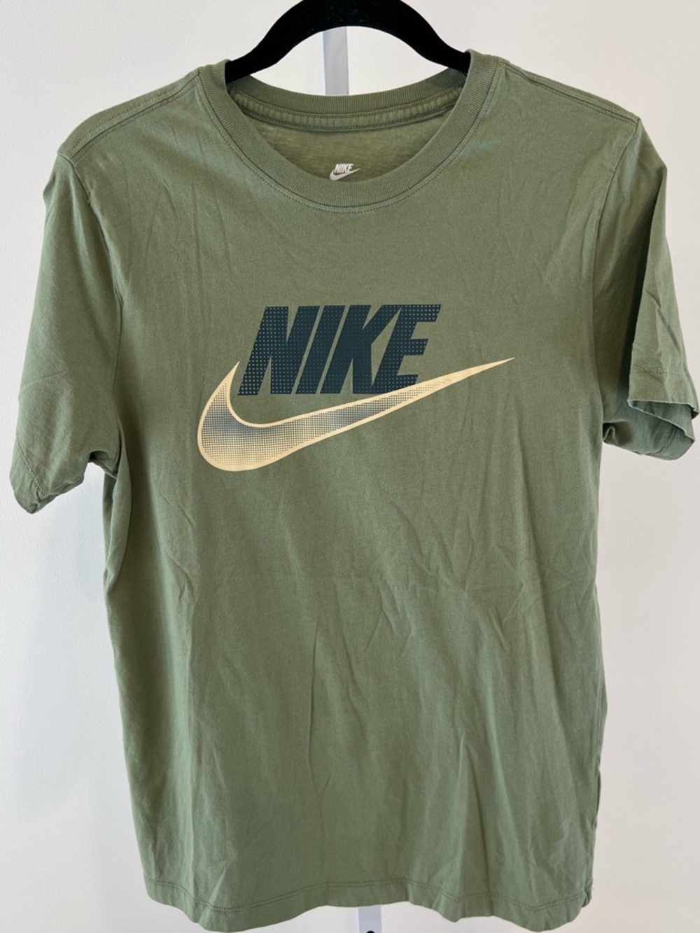 Nike Green Tee Shirt with Blue Logo and Tan Swoosh Mens Sz Small
